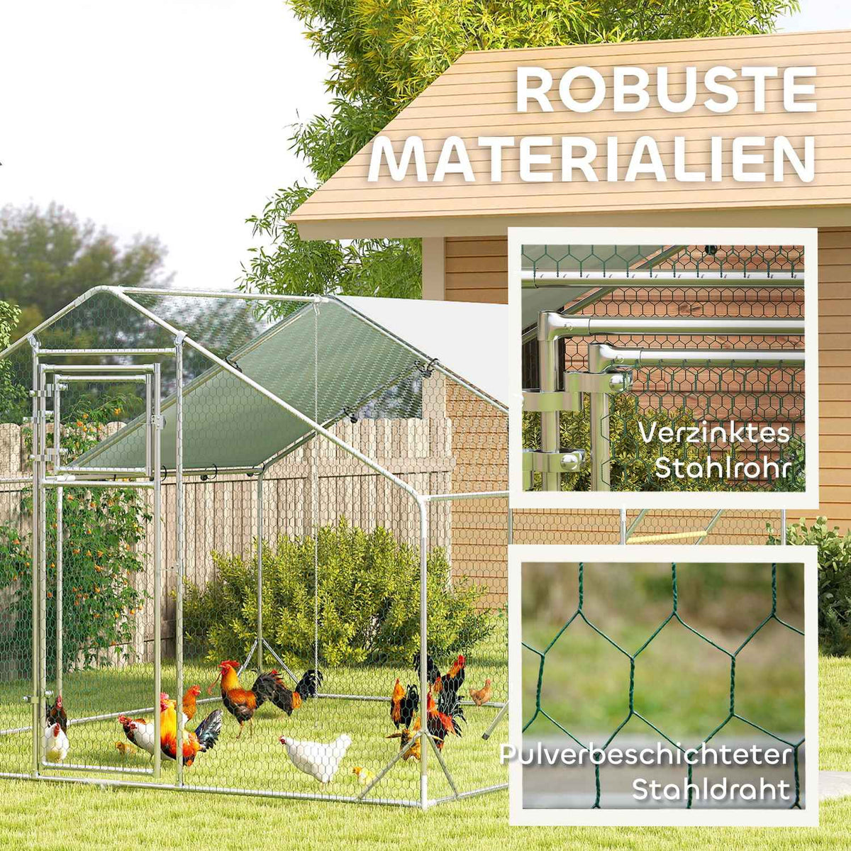 Chicken coop free-range enclosure made of steel, 300 x 400 x 195 cm chicken cage with UV-resistant cover, feeding door, hanging feeding, perch, chicken enclosure for 12-18 chickens, small animals, silver