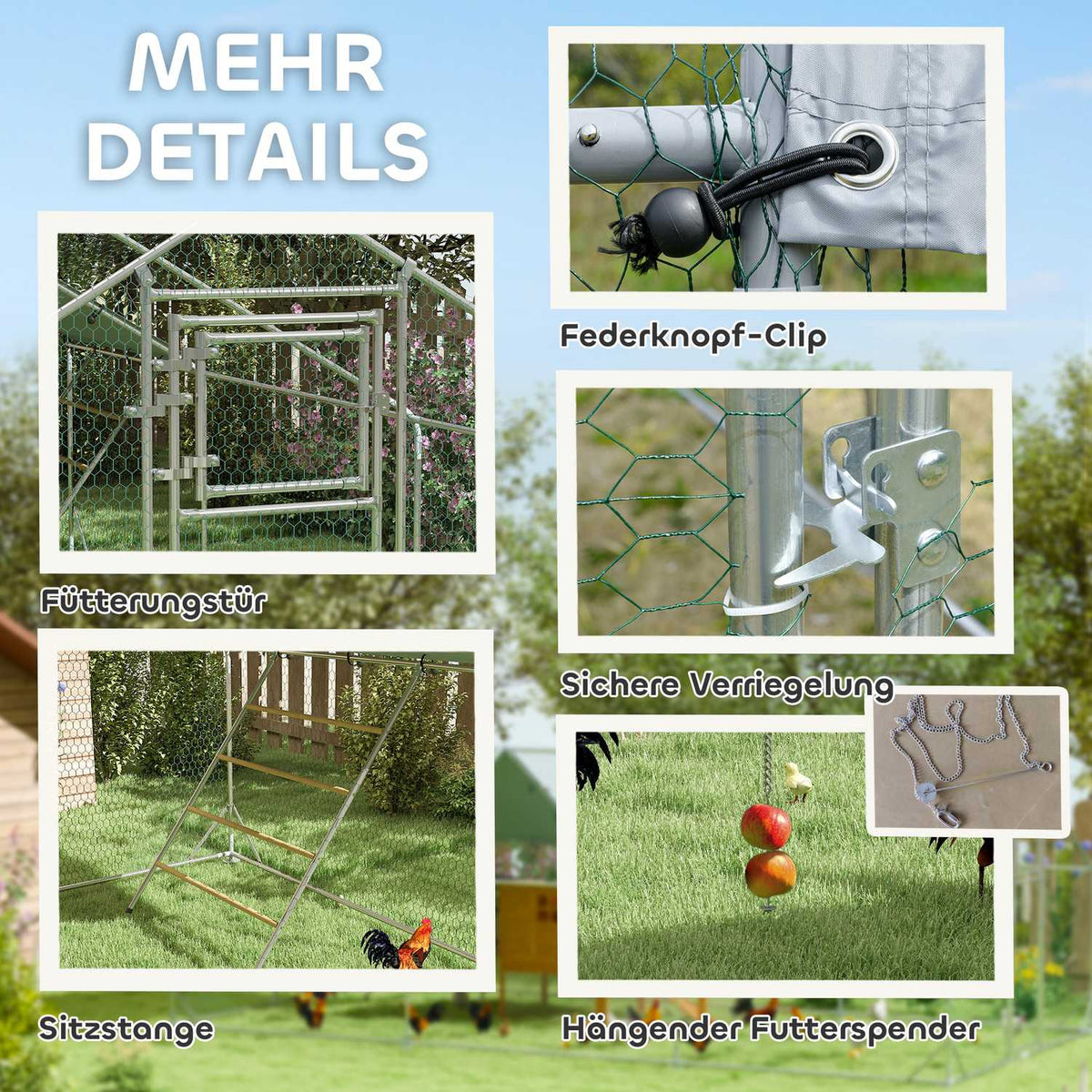 Chicken coop free-range enclosure made of steel, 300 x 600 x 195 cm chicken cage with UV-resistant cover, feeding door, hanging feeding, perch, chicken enclosure for 18-24 chickens, small animals, silver