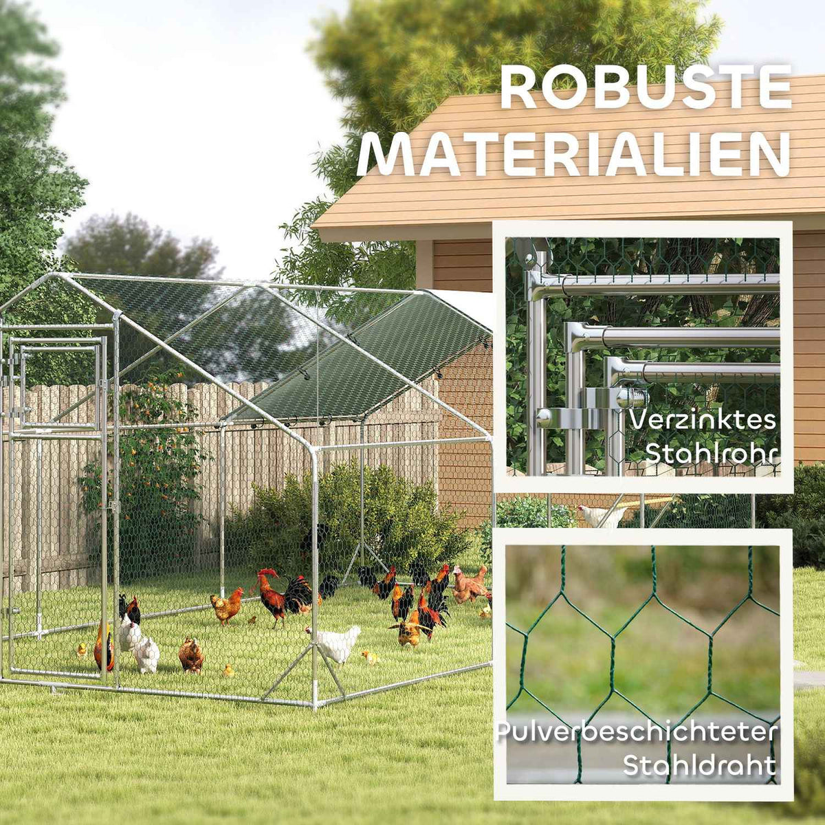 Chicken coop free-range enclosure made of steel, 300 x 600 x 195 cm chicken cage with UV-resistant cover, feeding door, hanging feeding, perch, chicken enclosure for 18-24 chickens, small animals, silver
