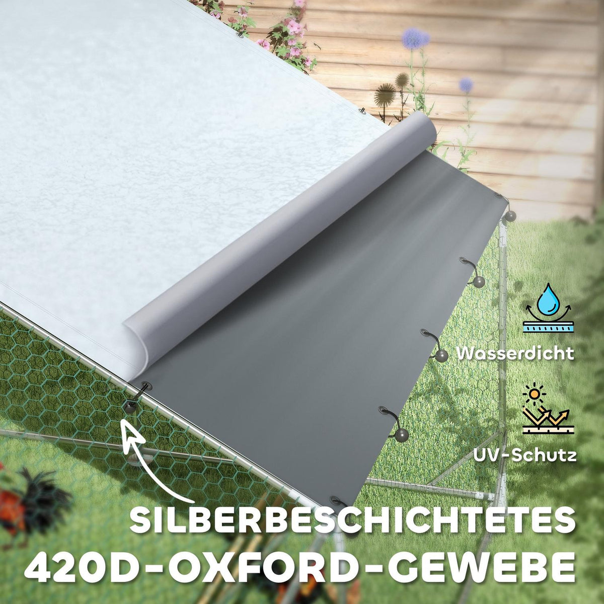 Chicken coop free-range enclosure made of steel, 300 x 600 x 195 cm chicken cage with UV-resistant cover, feeding door, hanging feeding, perch, chicken enclosure for 18-24 chickens, small animals, silver