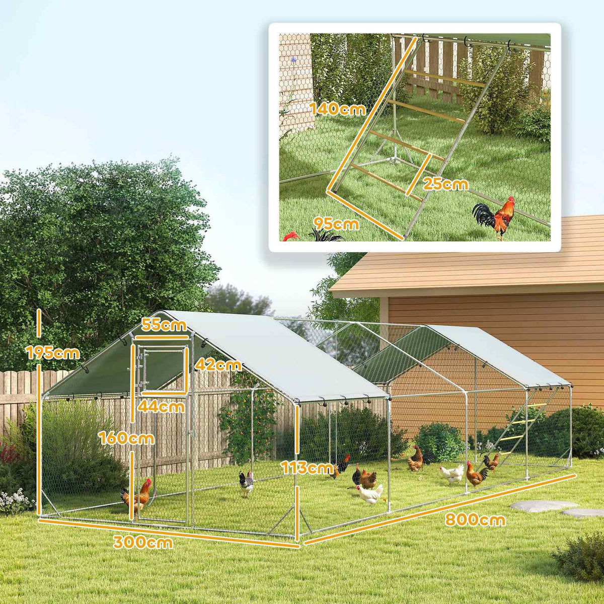 Chicken coop free-range enclosure made of steel, 300 x 800 x 195 cm chicken cage with UV-resistant cover, feeding door, hanging feeding, perch, chicken enclosure for 24-30 chickens, small animals, silver