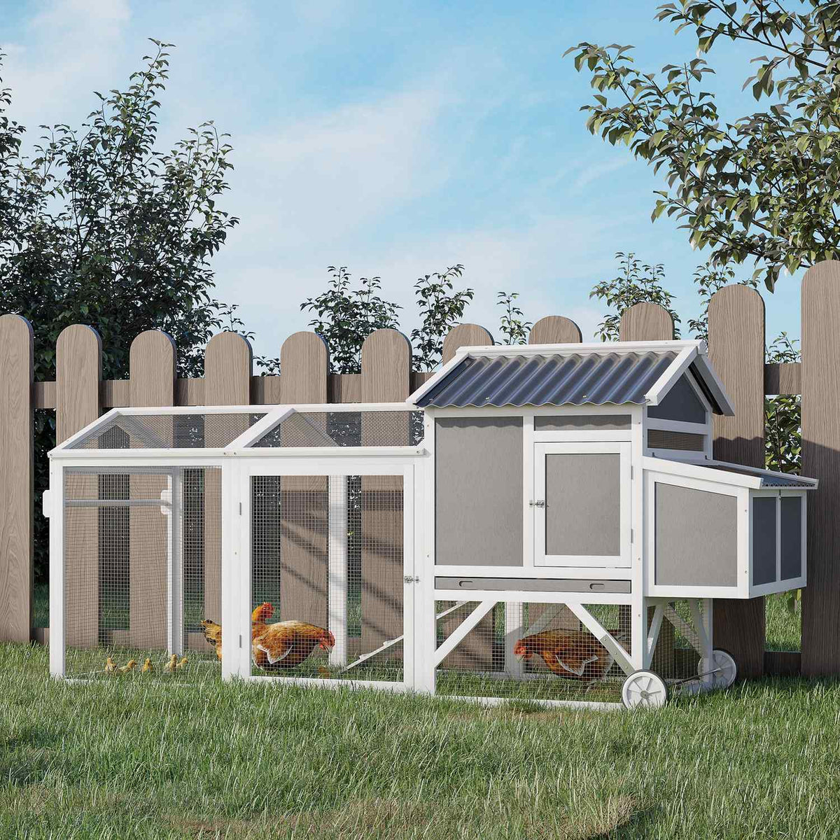 Chicken coop mobile nesting box wheels chicken aviary winterproof fir wood/PVC grey+white