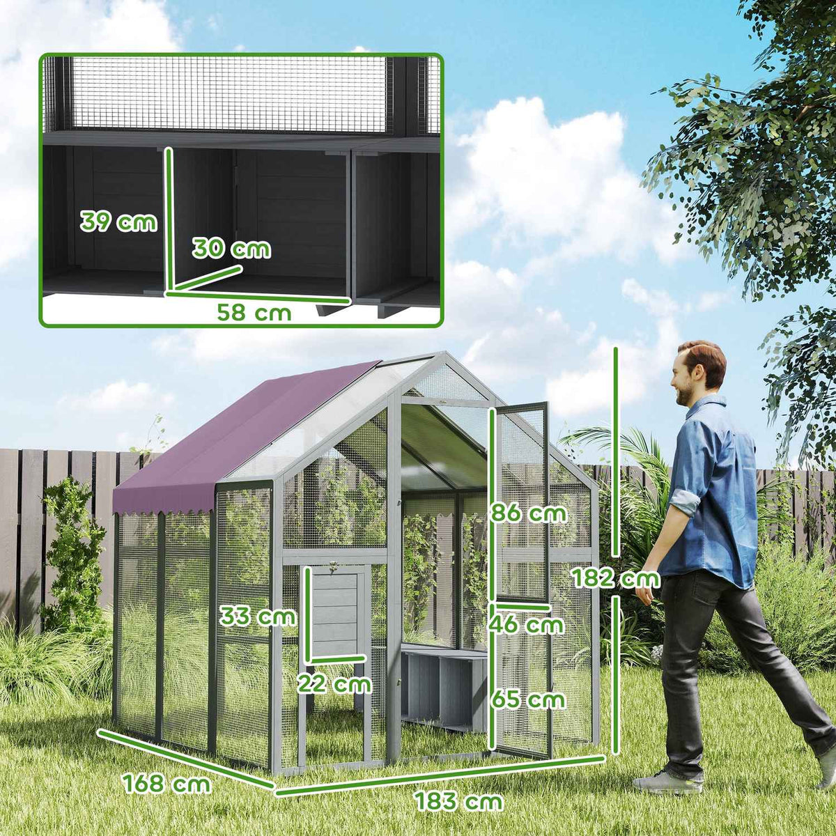 Chicken coop outdoor enclosure 1.7x1.8x1.8 m outdoor enclosure with lock fir wood chicken house with waterproof, anti-UV roof outdoor poultry coop for chicken cage, 6-8 chickens, ducks, rabbits, gray