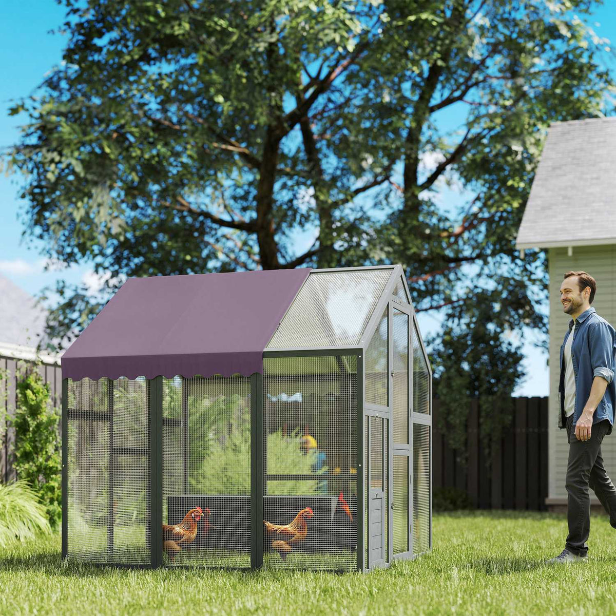 Chicken coop outdoor enclosure 1.7x1.8x1.8 m outdoor enclosure with lock fir wood chicken house with waterproof, anti-UV roof outdoor poultry coop for chicken cage, 6-8 chickens, ducks, rabbits, gray