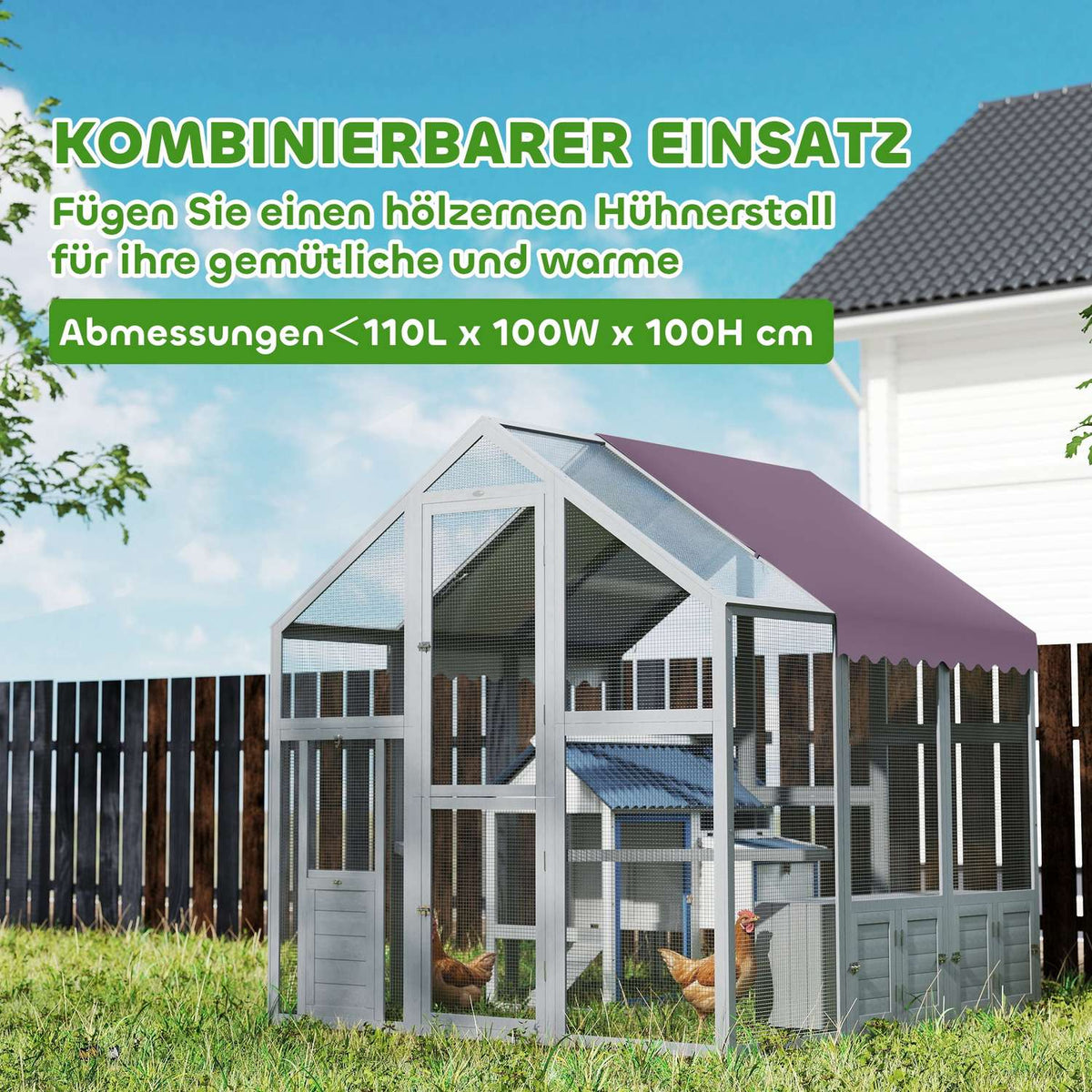 Chicken coop outdoor enclosure 1.7x1.8x1.8 m outdoor enclosure with lock fir wood chicken house with waterproof, anti-UV roof outdoor poultry coop for chicken cage, 6-8 chickens, ducks, rabbits, gray