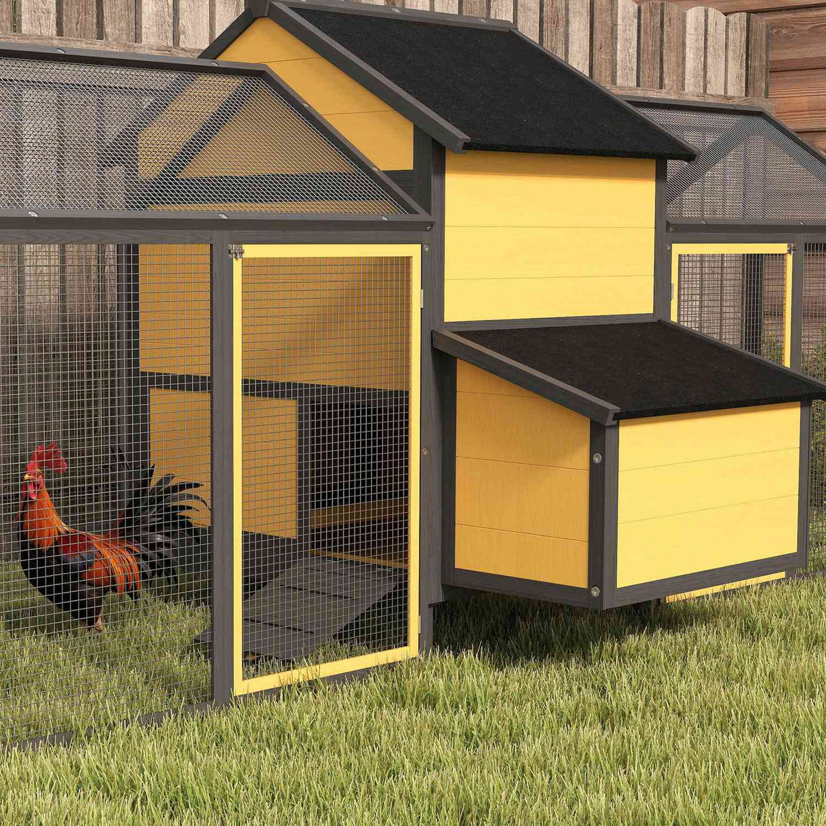 Chicken coop, small animal coop, 2 outdoor enclosures, 1 nesting box, 2 ramps, asphalt roof, weatherproof, yellow