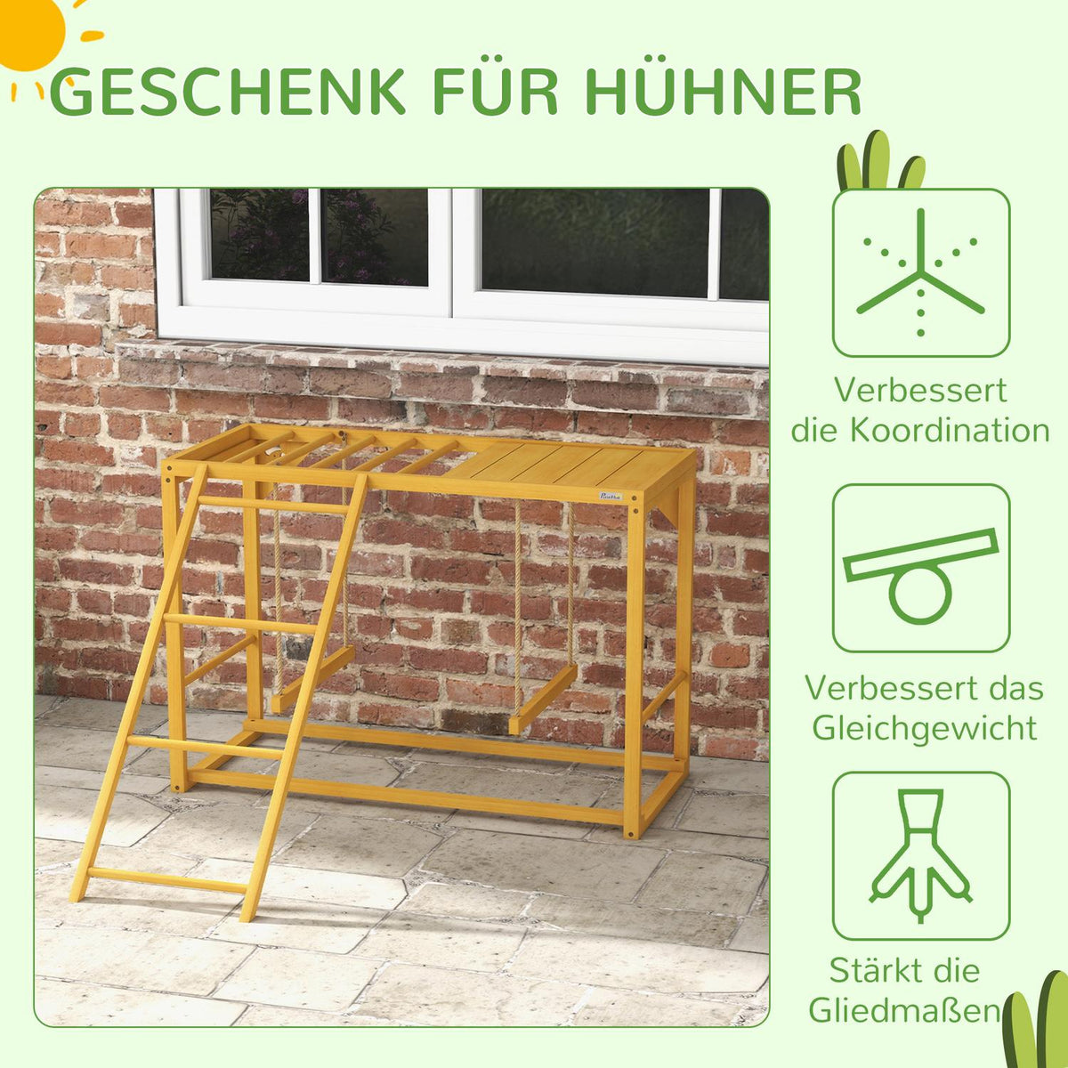 Chicken play frame made of wood, playground for chickens with swings and ladder chicken climbing frame for 3-4 chickens natural wood