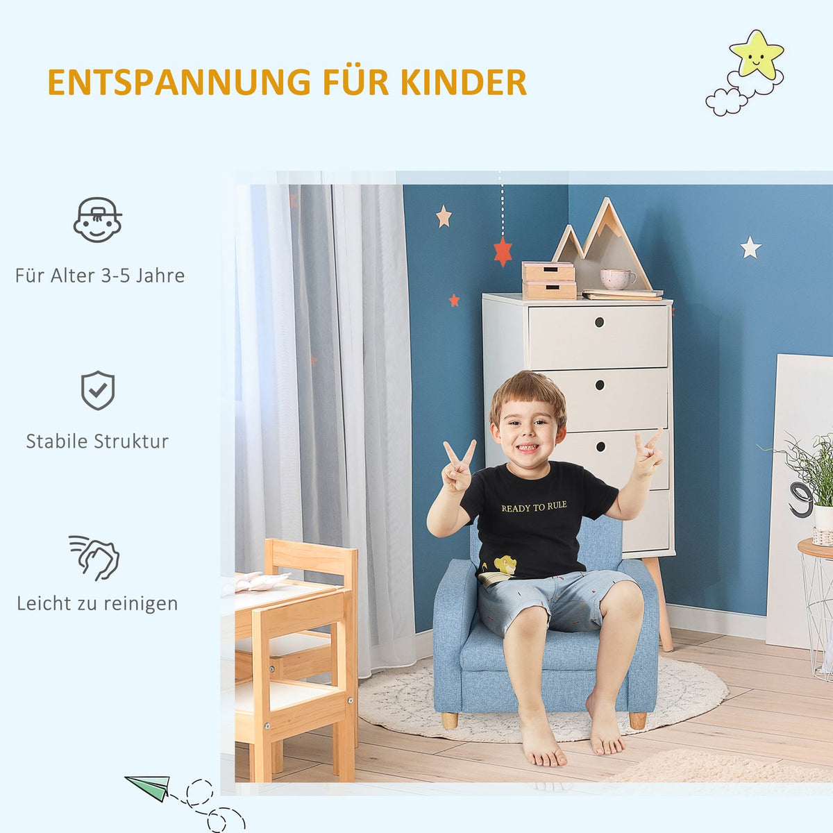 Children'S Armchair Children'S Sofa With Thick Foam & Seat Cushion, Anti-Slip Feet, Blue, 49X45X44.5Cm