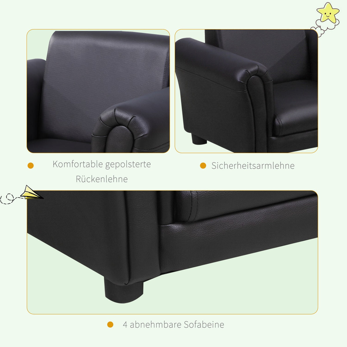 Children'S Armchair With Footstool Children'S Couch In Black, Mini Sofa For 3-7 Years, Wood, 54X42X41Cm