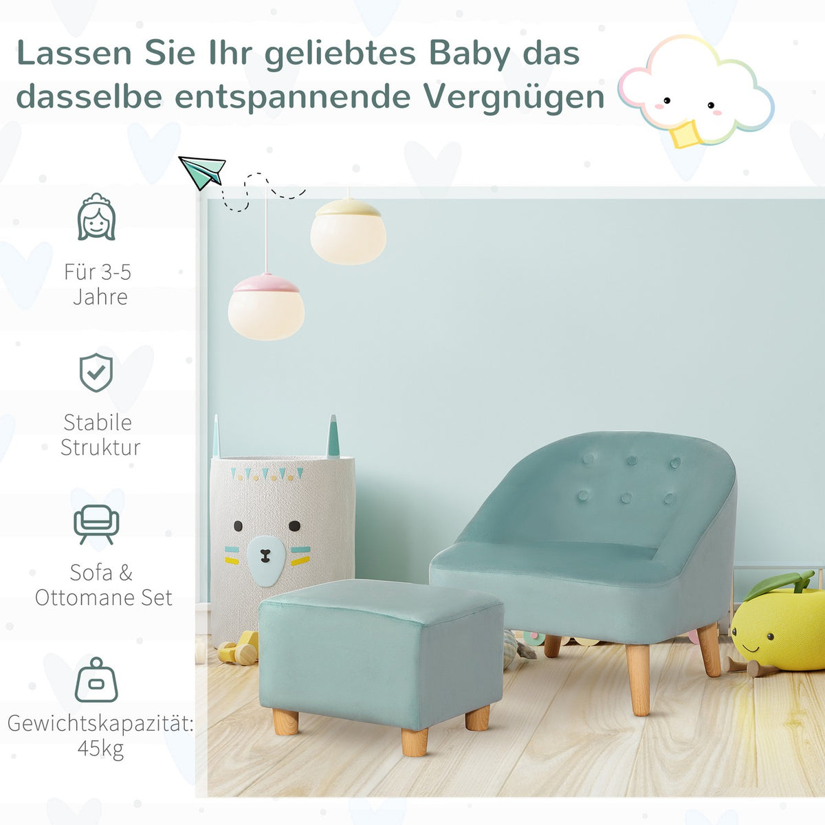 Children'S Armchair With Footstool, Comfortable Children'S Couch From 3 Years, Velvet Look, Eucalyptus Wood, Green, 51X51X50Cm