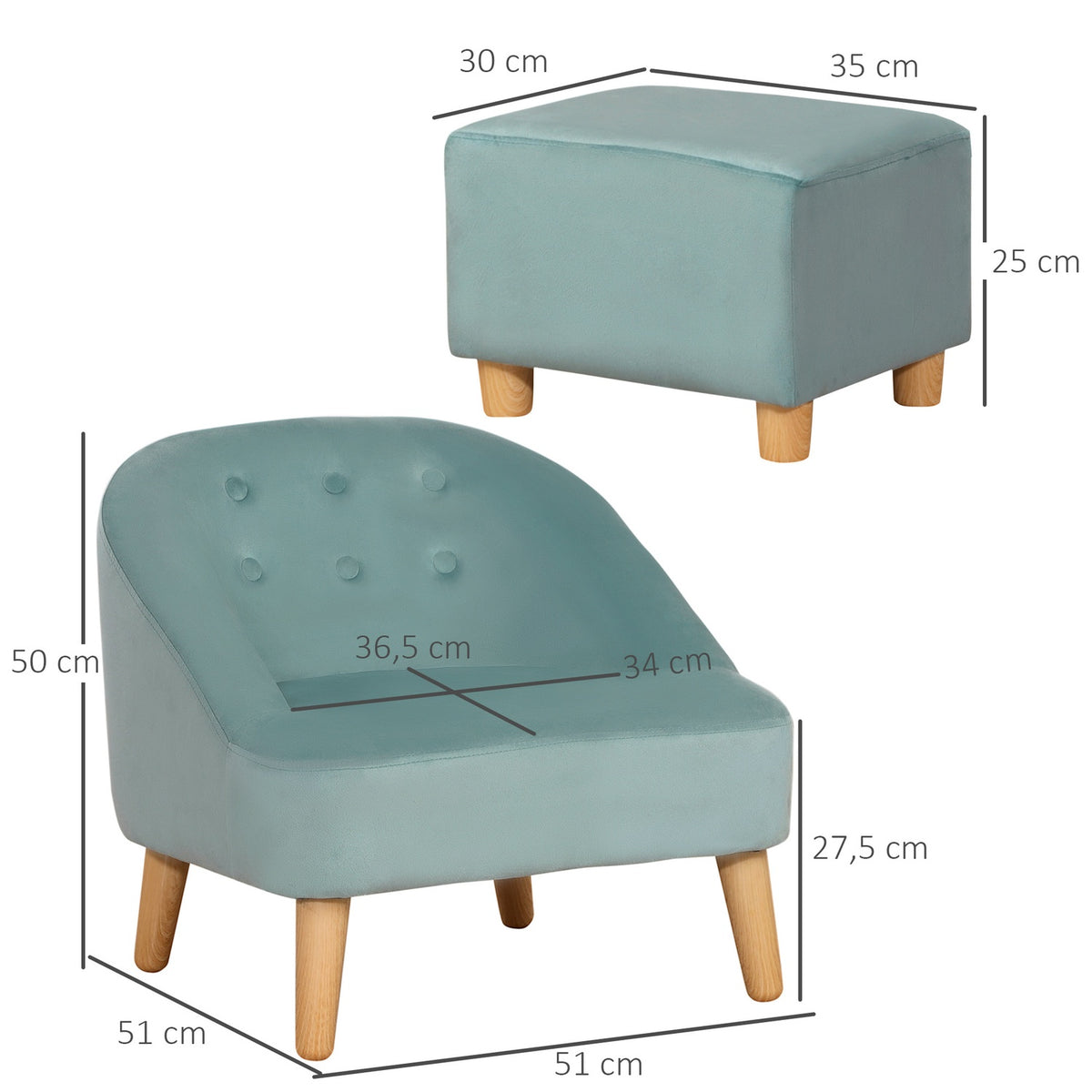 Children'S Armchair With Footstool, Comfortable Children'S Couch From 3 Years, Velvet Look, Eucalyptus Wood, Green, 51X51X50Cm