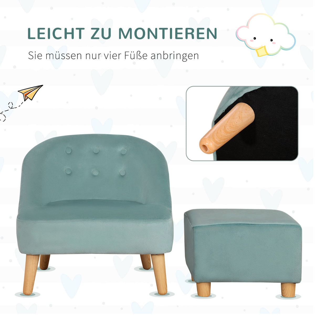Children'S Armchair With Footstool, Comfortable Children'S Couch From 3 Years, Velvet Look, Eucalyptus Wood, Green, 51X51X50Cm