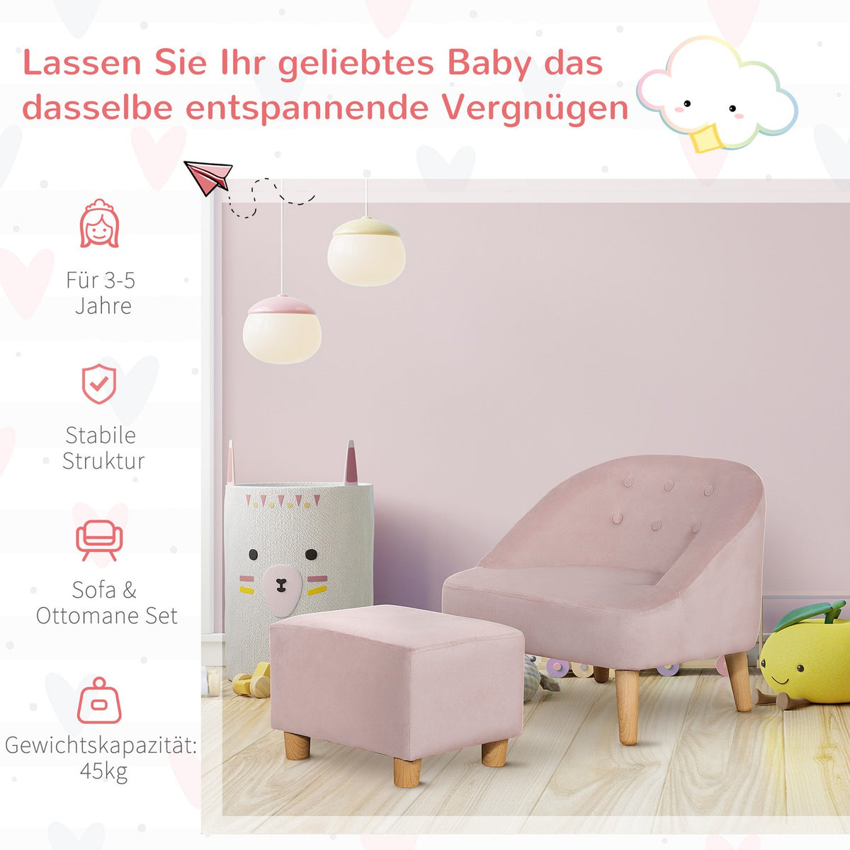 Children'S Armchair With Footstool, Comfortable Sofa For Children Aged 3 And Over, Velvet Look, Eucalyptus Wood, Pink, 51X51X50Cm