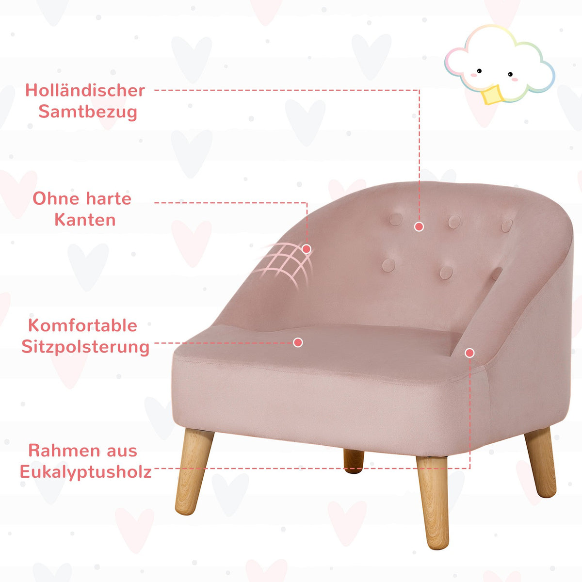Children'S Armchair With Footstool, Comfortable Sofa For Children Aged 3 And Over, Velvet Look, Eucalyptus Wood, Pink, 51X51X50Cm