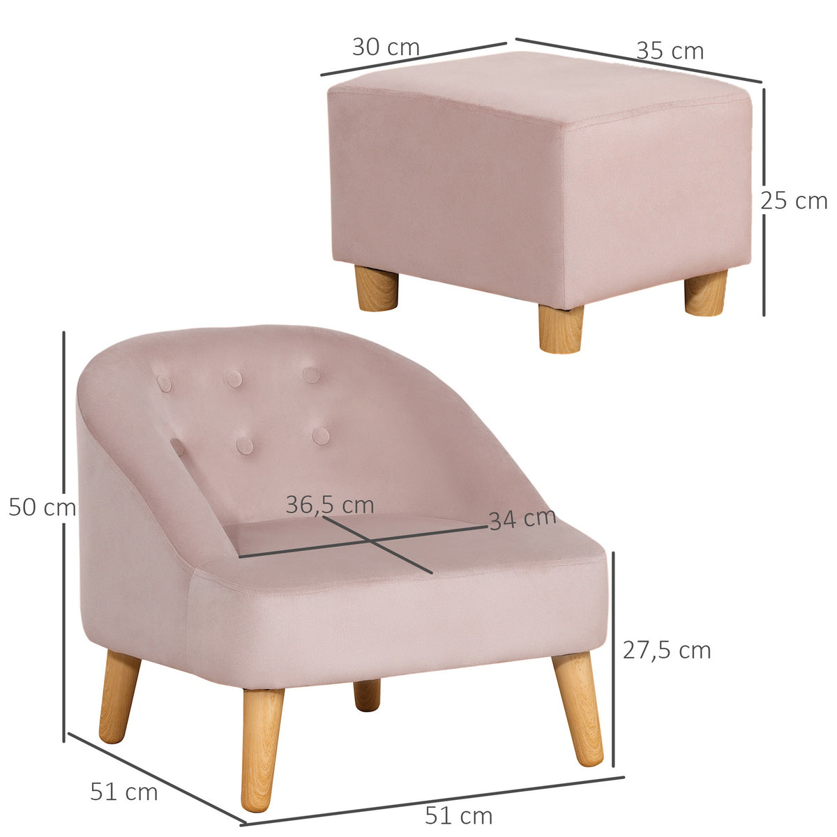 Children'S Armchair With Footstool, Comfortable Sofa For Children Aged 3 And Over, Velvet Look, Eucalyptus Wood, Pink, 51X51X50Cm