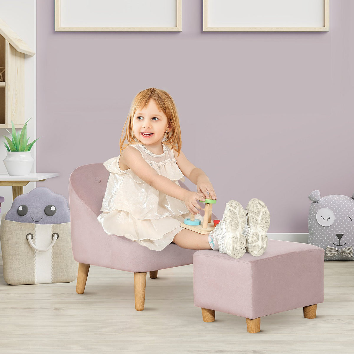 Children'S Armchair With Footstool, Comfortable Sofa For Children Aged 3 And Over, Velvet Look, Eucalyptus Wood, Pink, 51X51X50Cm
