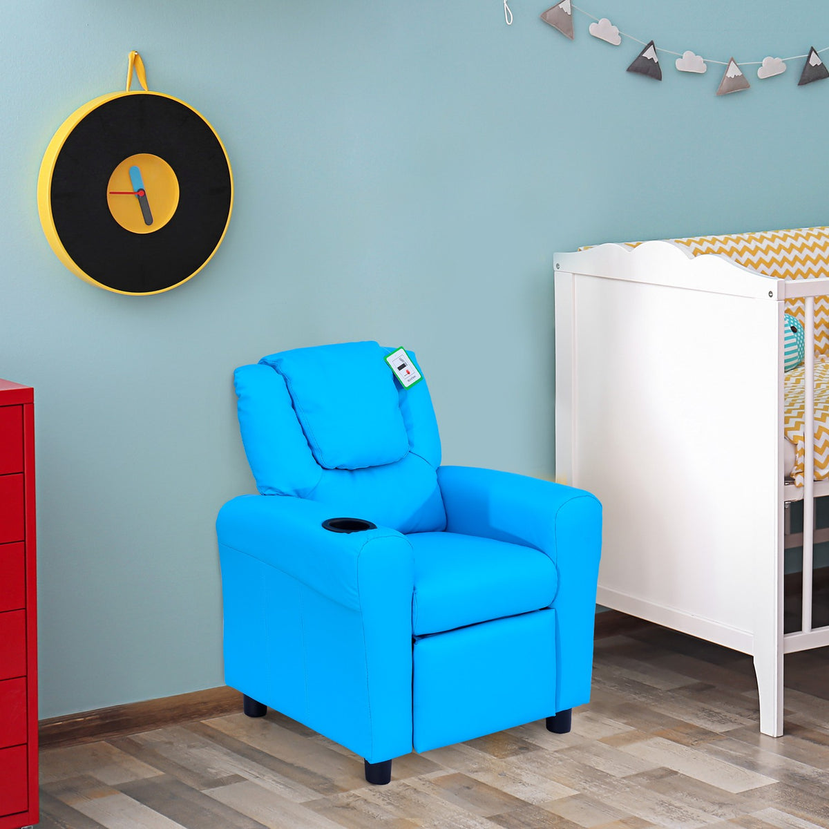 Children'S Armchair With Reclining Function, Mini Sofa For 3-6 Years, Blue With Built-In Cup Holder, 62X52X69Cm