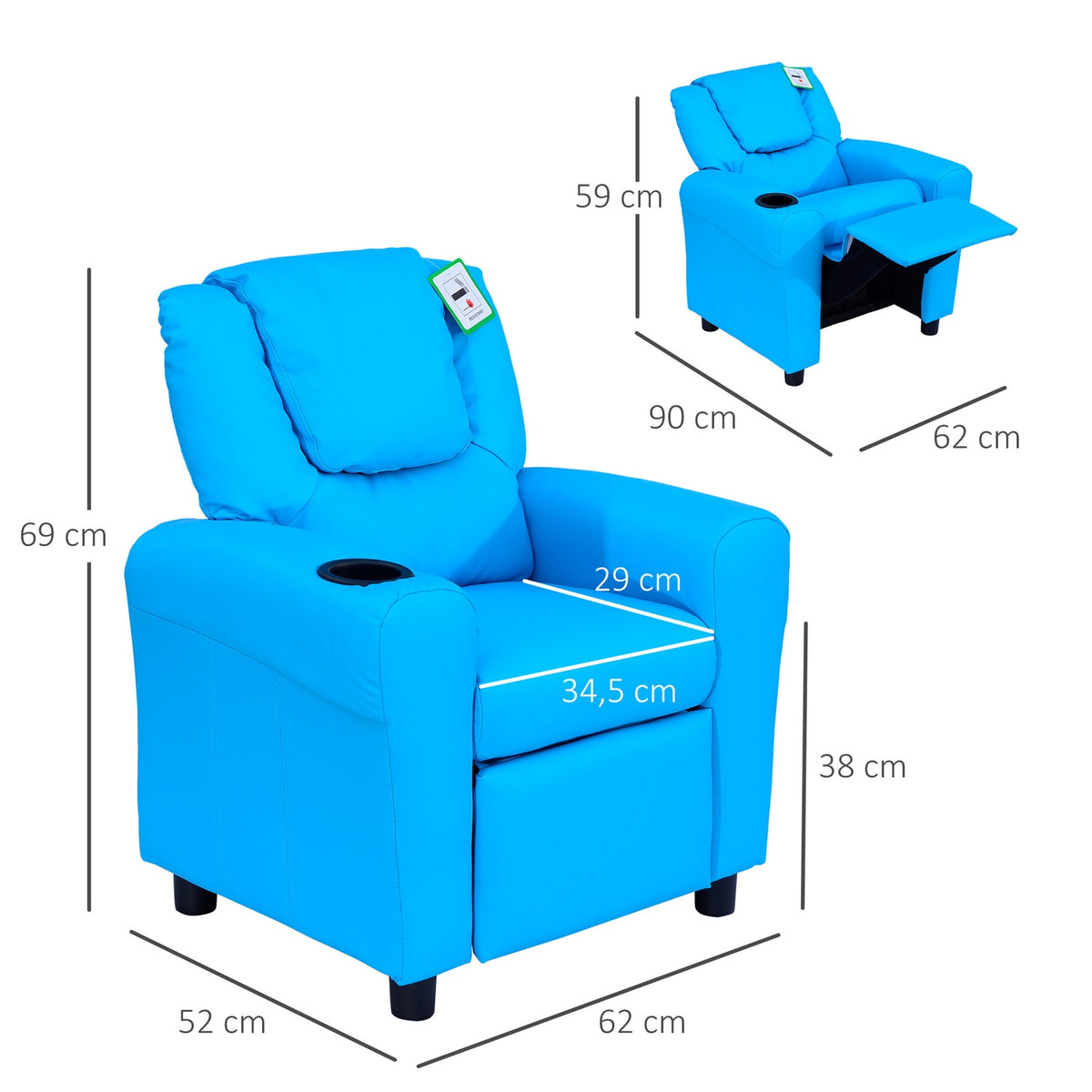 Children'S Armchair With Reclining Function, Mini Sofa For 3-6 Years, Blue With Built-In Cup Holder, 62X52X69Cm