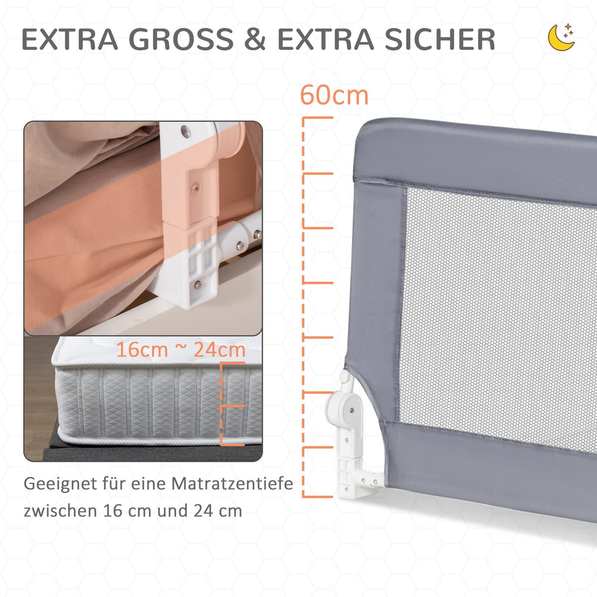 Children'S Bed Rail 120Cm Bed Guard, Fall Protection, Removable, Metal & Oxford Fabric, Grey