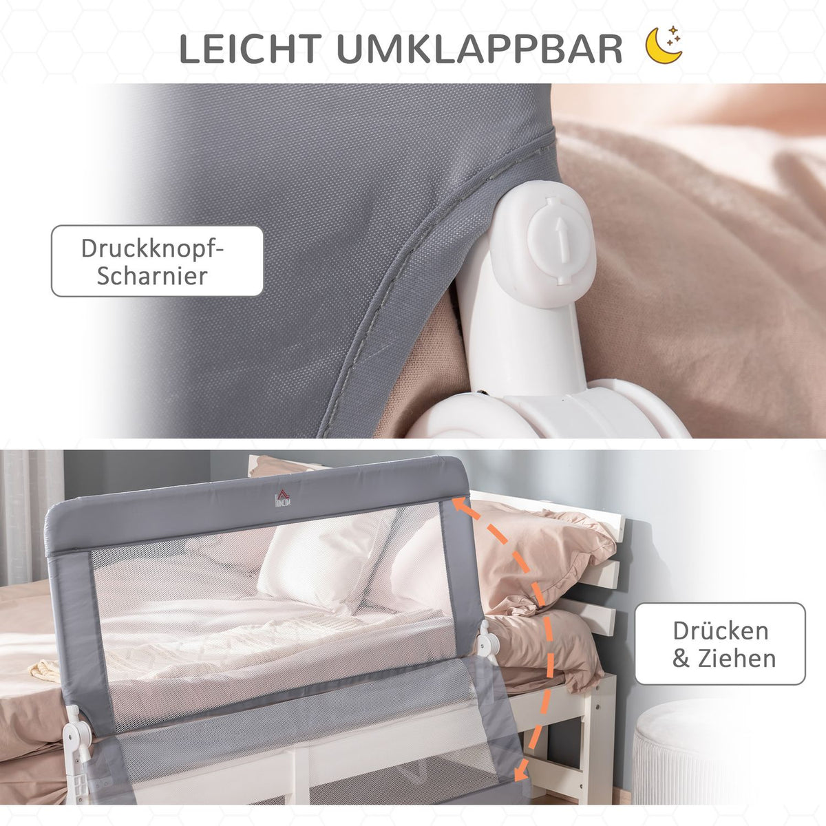 Children'S Bed Rail 120Cm Bed Guard, Fall Protection, Removable, Metal & Oxford Fabric, Grey