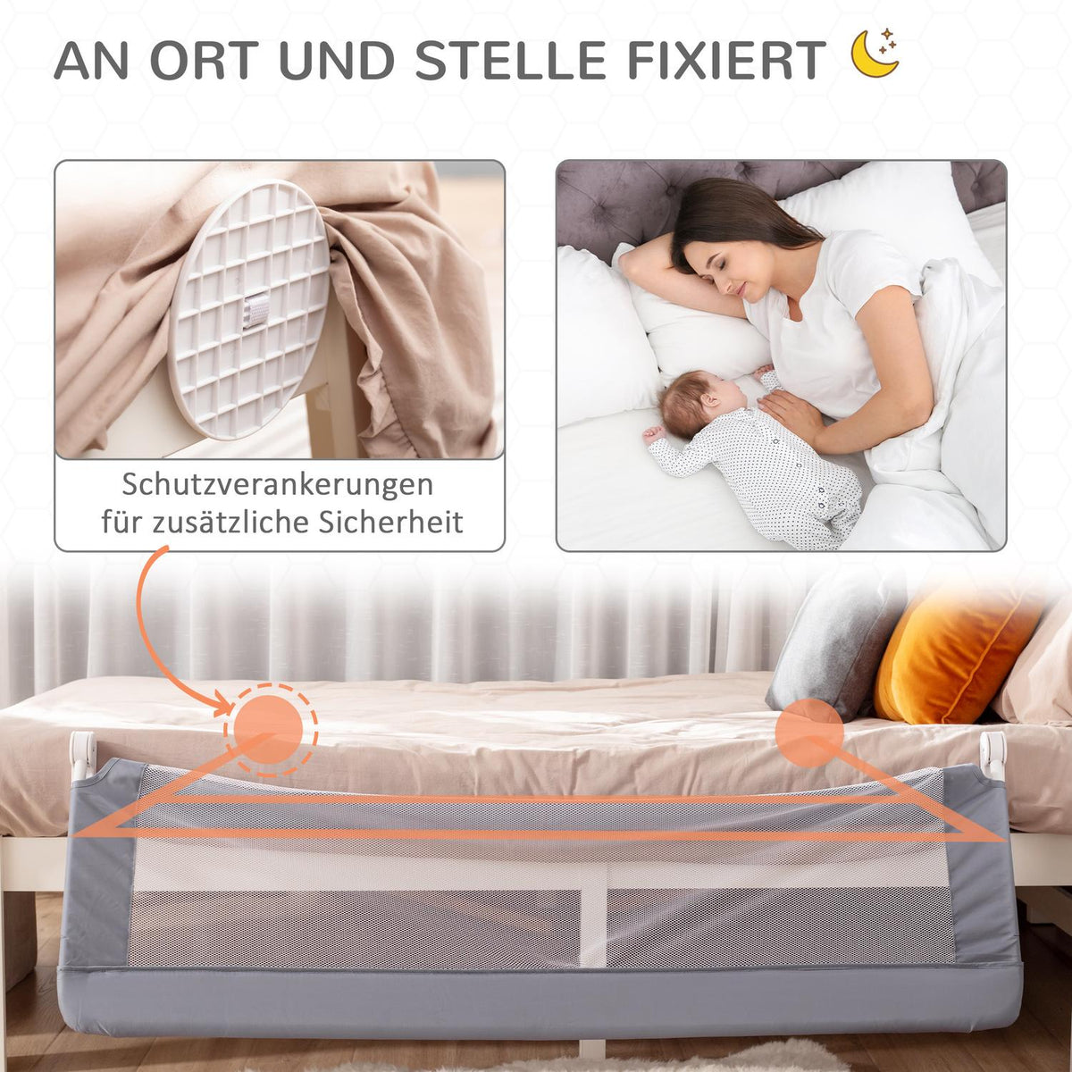 Children'S Bed Rail Fall Protection Removable Metal Oxford Fabric Gray 150Cm