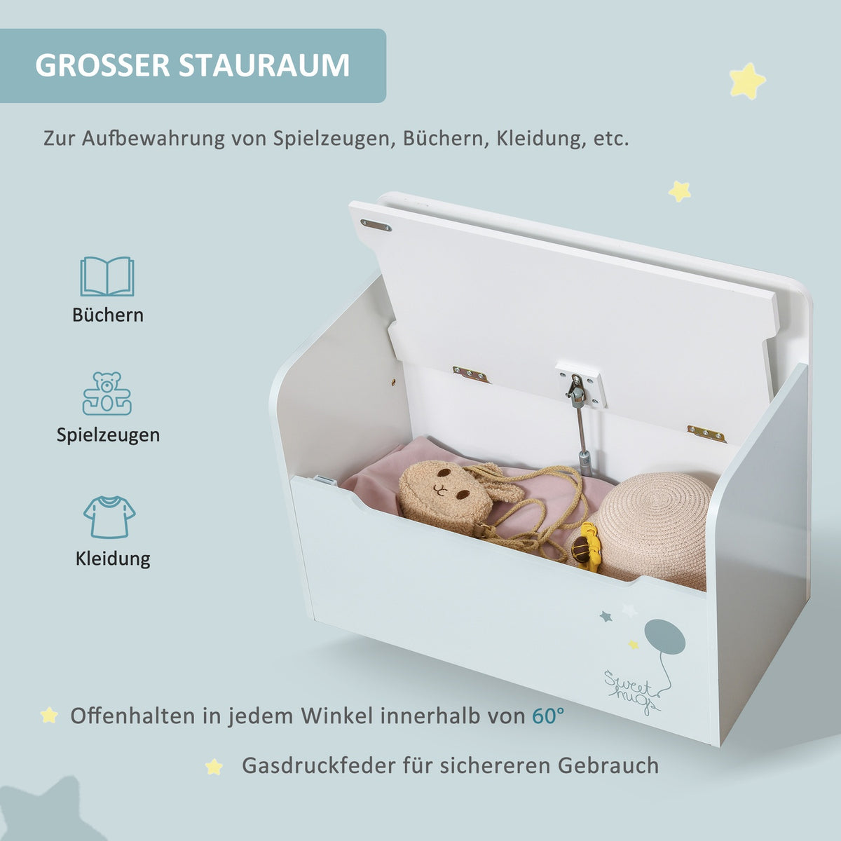 Children'S Bench With Storage Space 2-In-1 Chest Bench And Toy Box, Light Blue, For 3-6 Years, 60X30X50Cm