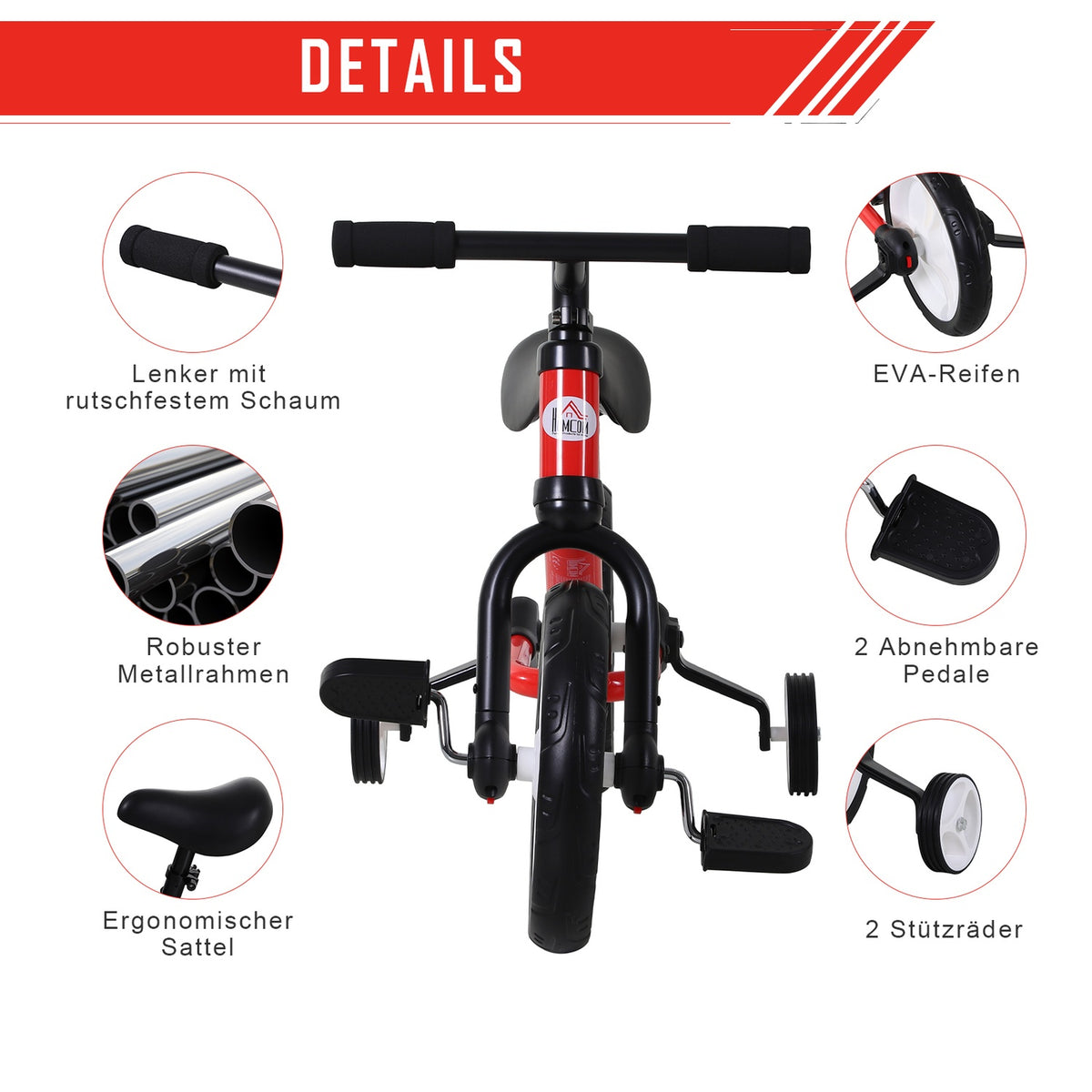 Children'S Bicycle Balance Bike With Training Wheels And Pedals, 2-5 Years, Seat Height Adjustable, Pp, Red