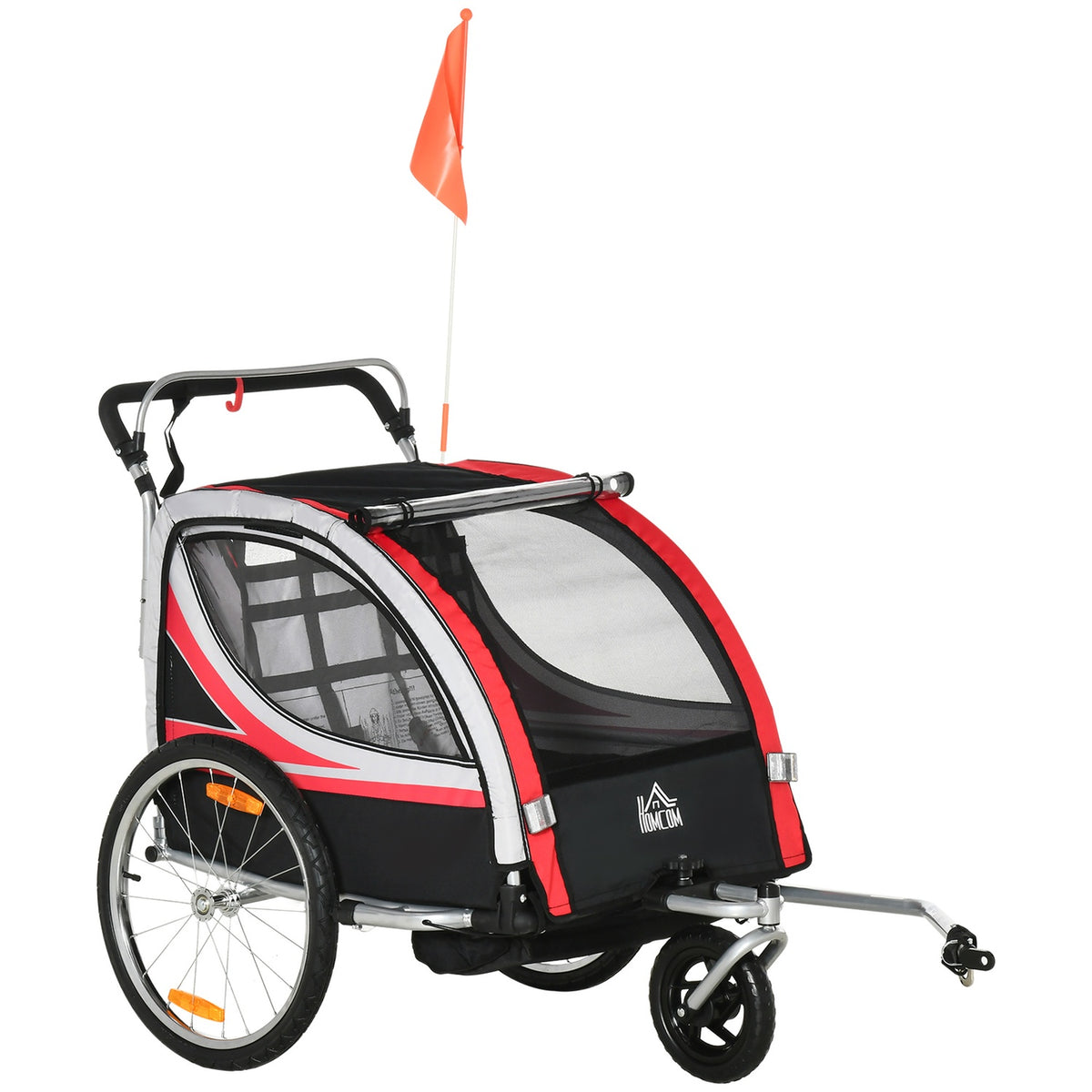Children'S Bike Trailer 2 In 1 Suspension, Mesh Door, 360° Rotating Front Wheel, Brake, Red+Black, 142X75X101Cm