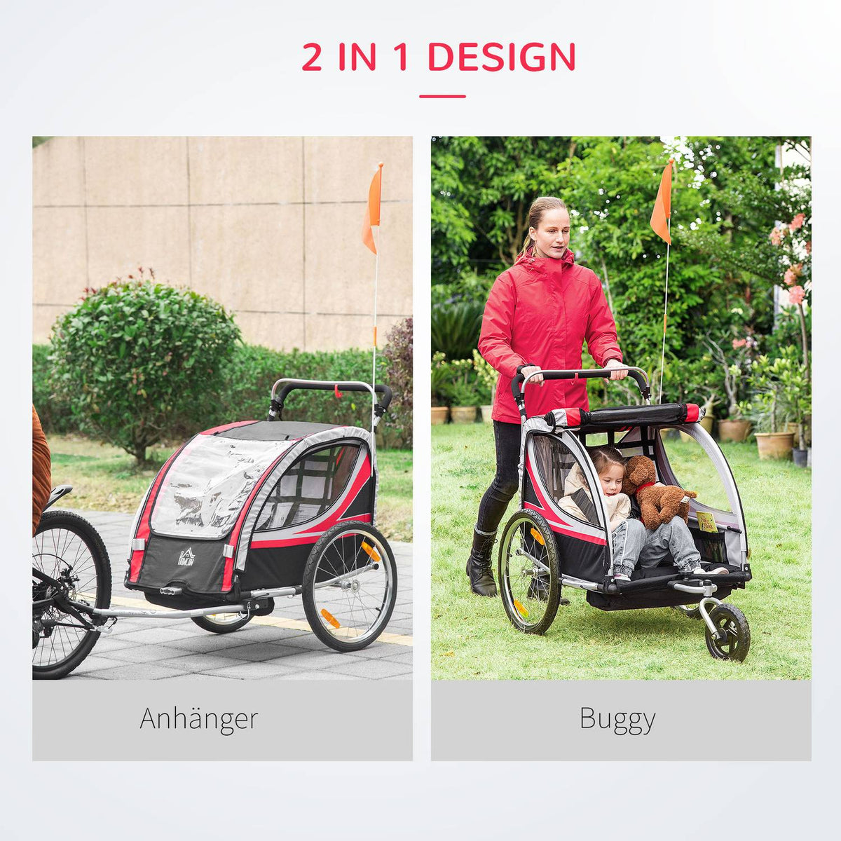 Children'S Bike Trailer 2 In 1 Suspension, Mesh Door, 360° Rotating Front Wheel, Brake, Red+Black, 142X75X101Cm