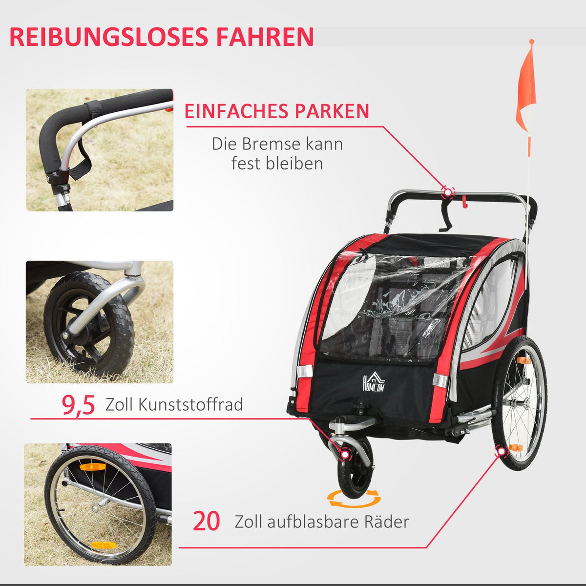 Children'S Bike Trailer 2 In 1 Suspension, Mesh Door, 360° Rotating Front Wheel, Brake, Red+Black, 142X75X101Cm