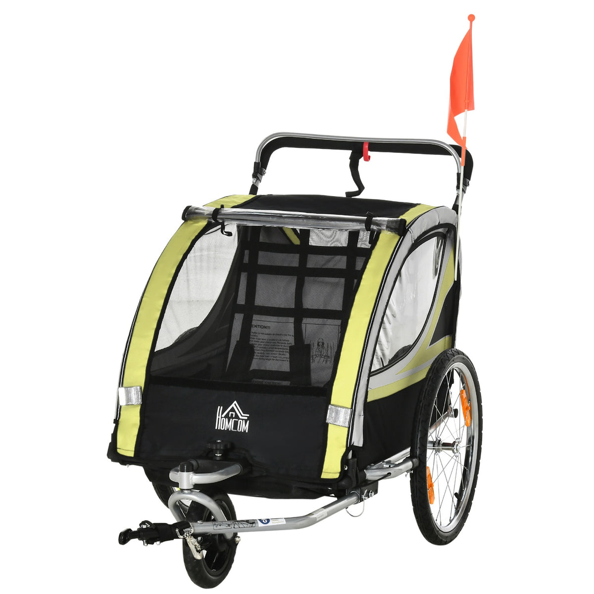 Children'S Bike Trailer 2 In 1 Suspension, Mesh Door, 360° Rotating Front Wheel, Brake, Yellow+Black, 142X75X101Cm