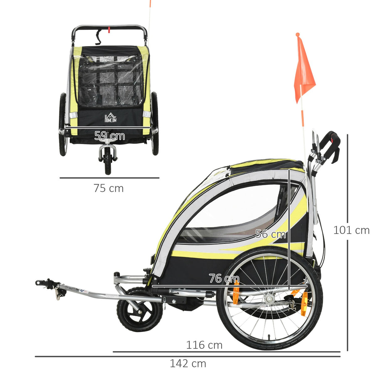 Children'S Bike Trailer 2 In 1 Suspension, Mesh Door, 360° Rotating Front Wheel, Brake, Yellow+Black, 142X75X101Cm