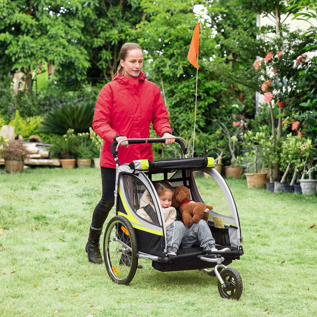 Children'S Bike Trailer 2 In 1 Suspension, Mesh Door, 360° Rotating Front Wheel, Brake, Yellow+Black, 142X75X101Cm