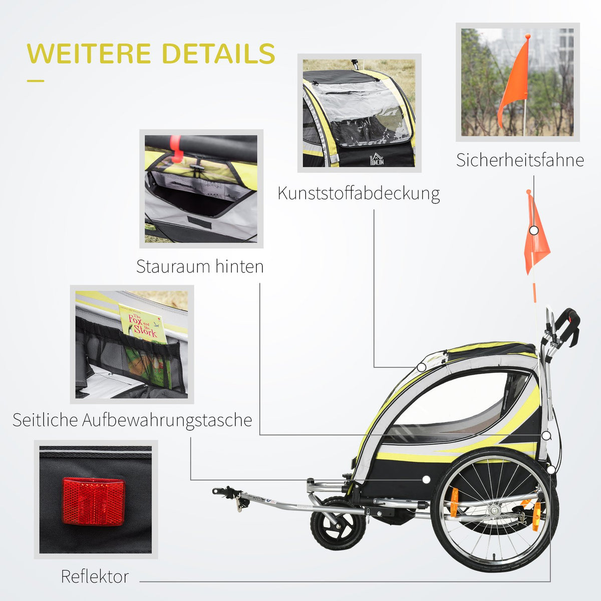 Children'S Bike Trailer 2 In 1 Suspension, Mesh Door, 360° Rotating Front Wheel, Brake, Yellow+Black, 142X75X101Cm
