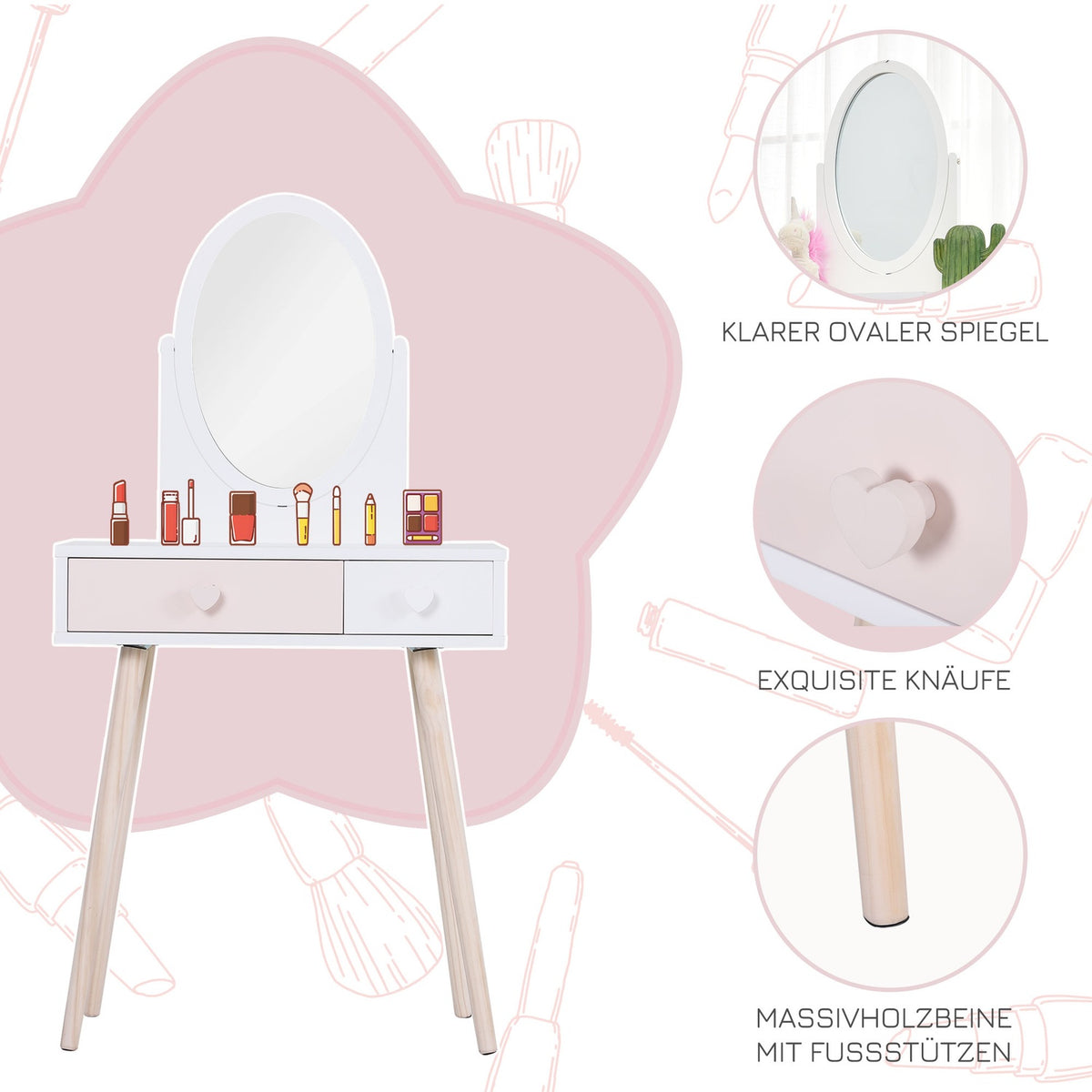 Children'S Dressing Table With Mirror, Cosmetic Table, Desk, 2 Drawers, Solid Wood, White, 69X49X136Cm