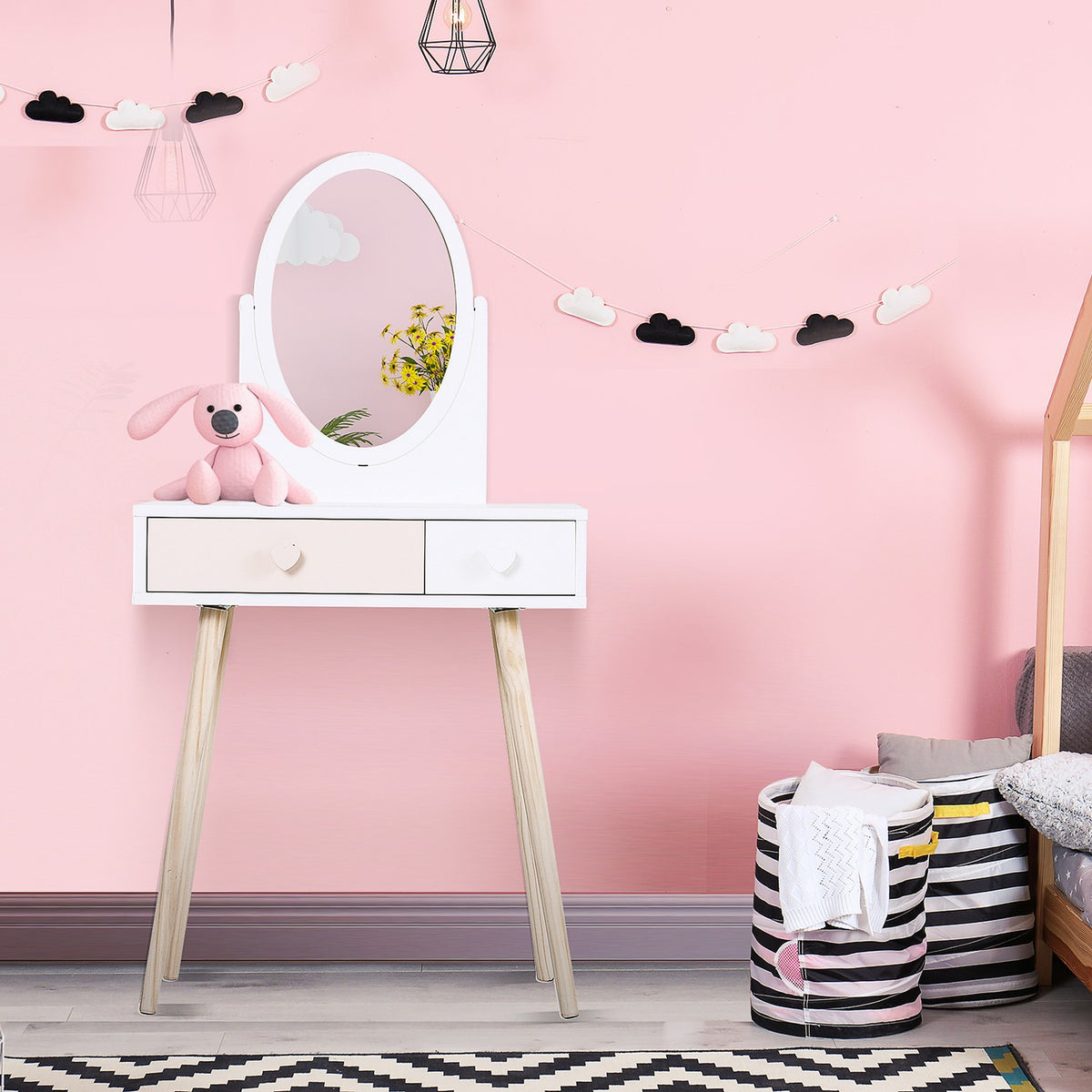 Children'S Dressing Table With Mirror, Cosmetic Table, Desk, 2 Drawers, Solid Wood, White, 69X49X136Cm