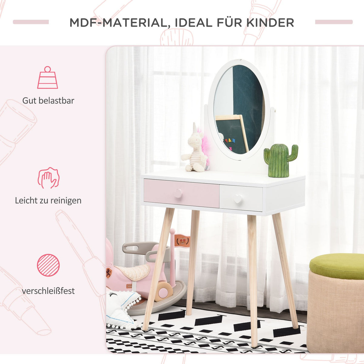 Children'S Dressing Table With Mirror, Cosmetic Table, Desk, 2 Drawers, Solid Wood, White, 69X49X136Cm