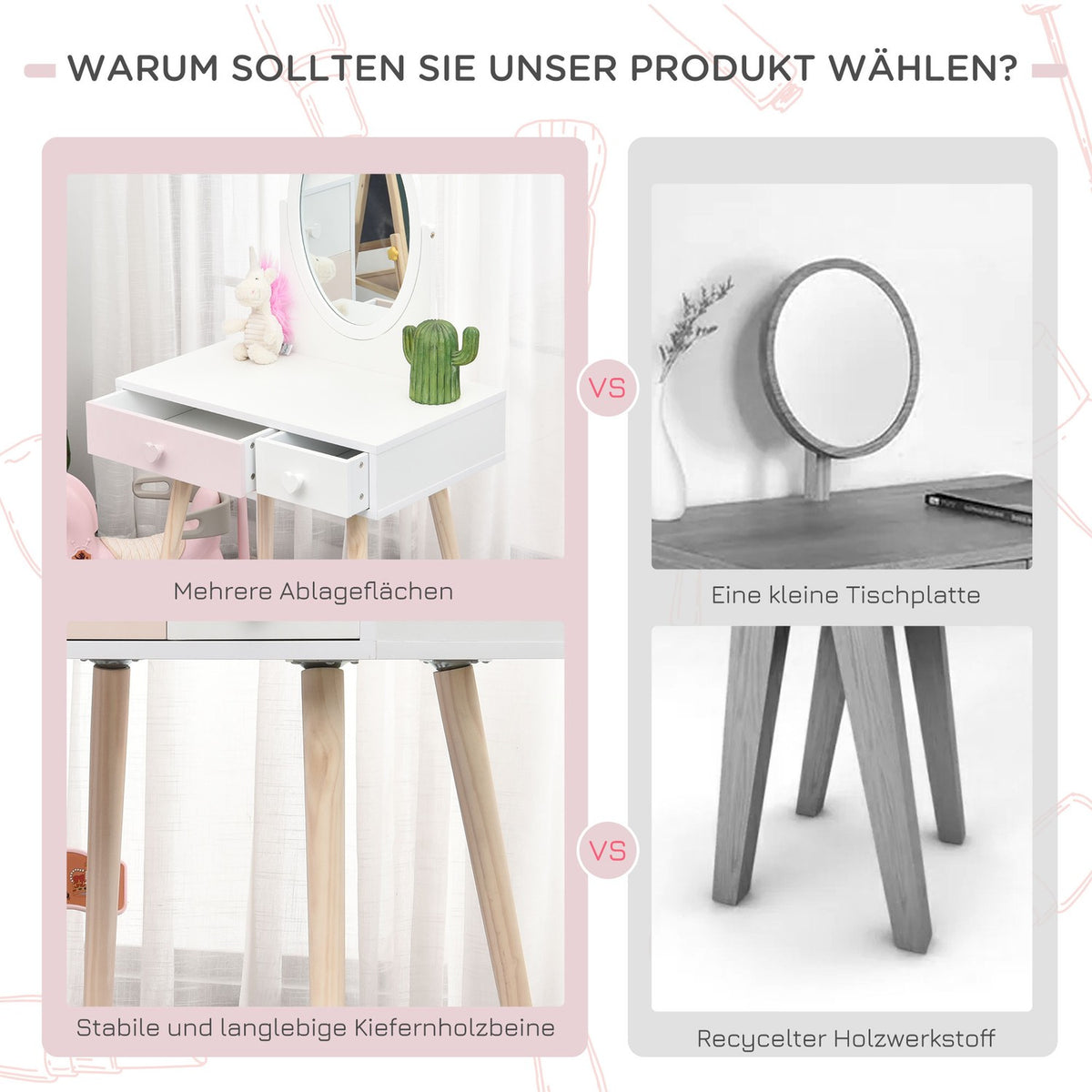 Children'S Dressing Table With Mirror, Cosmetic Table, Desk, 2 Drawers, Solid Wood, White, 69X49X136Cm