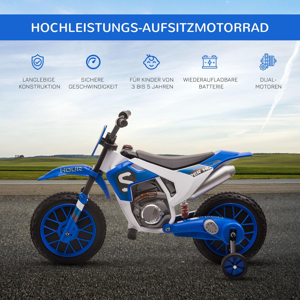 Children'S Electric Motorcycle 12V, With 2 Removable Support Wheels, From 3 Years, Pp Metal, Blue + White