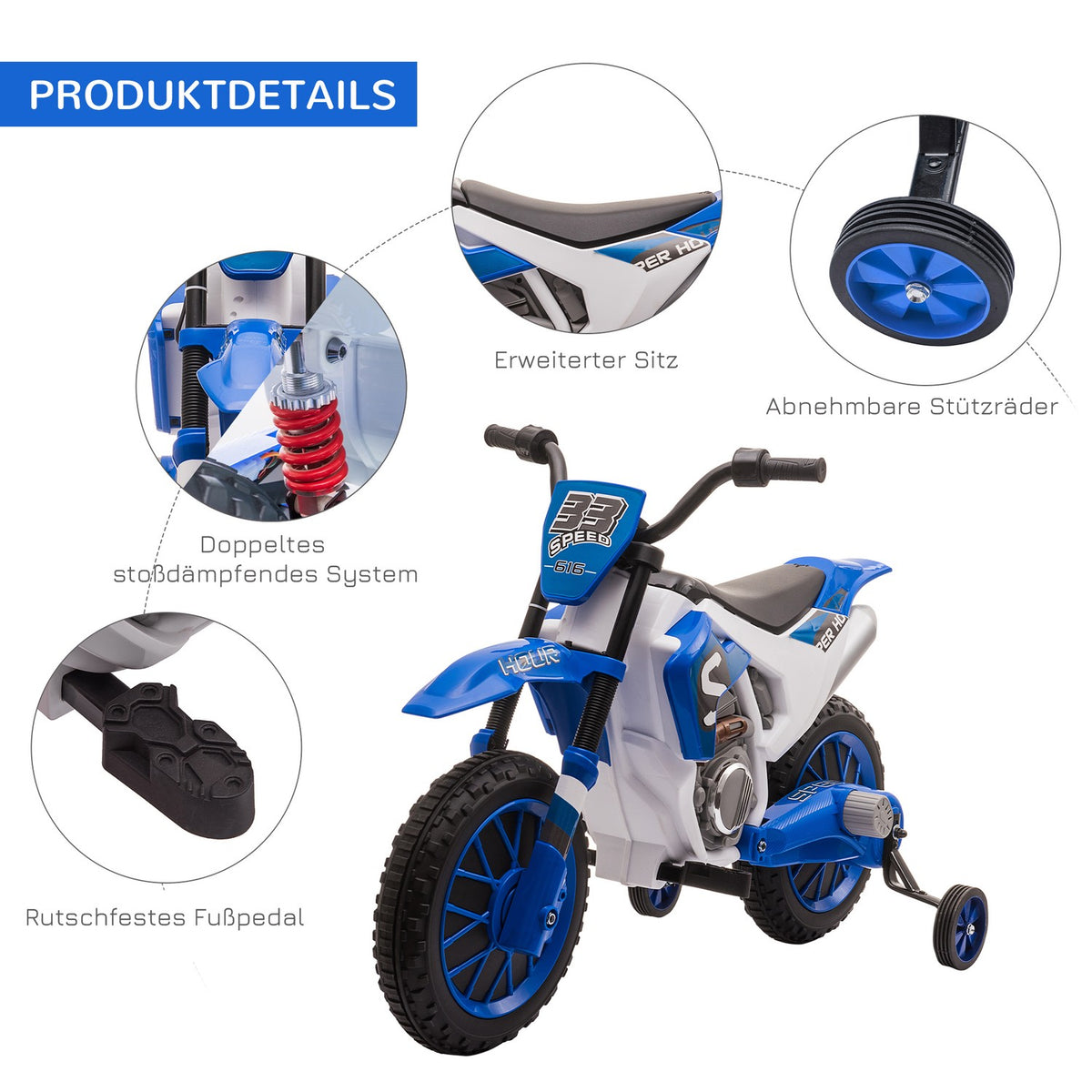 Children'S Electric Motorcycle 12V, With 2 Removable Support Wheels, From 3 Years, Pp Metal, Blue + White