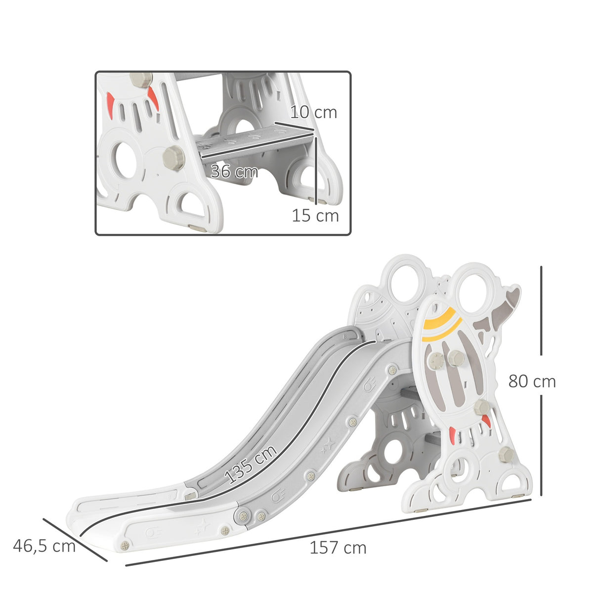 Children'S Garden Slide For 1.5-3 Years, Freestanding With Rocket Design, Gray & White