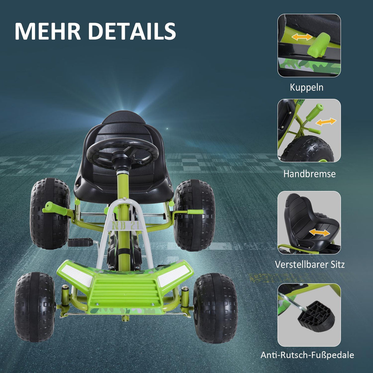 Children'S Go Kart Pedal Car Children'S Vehicle With Adjustable Seat Pedal Vehicle With Handbrake From 3 Years Green 95 X 66.5 X 57Cm