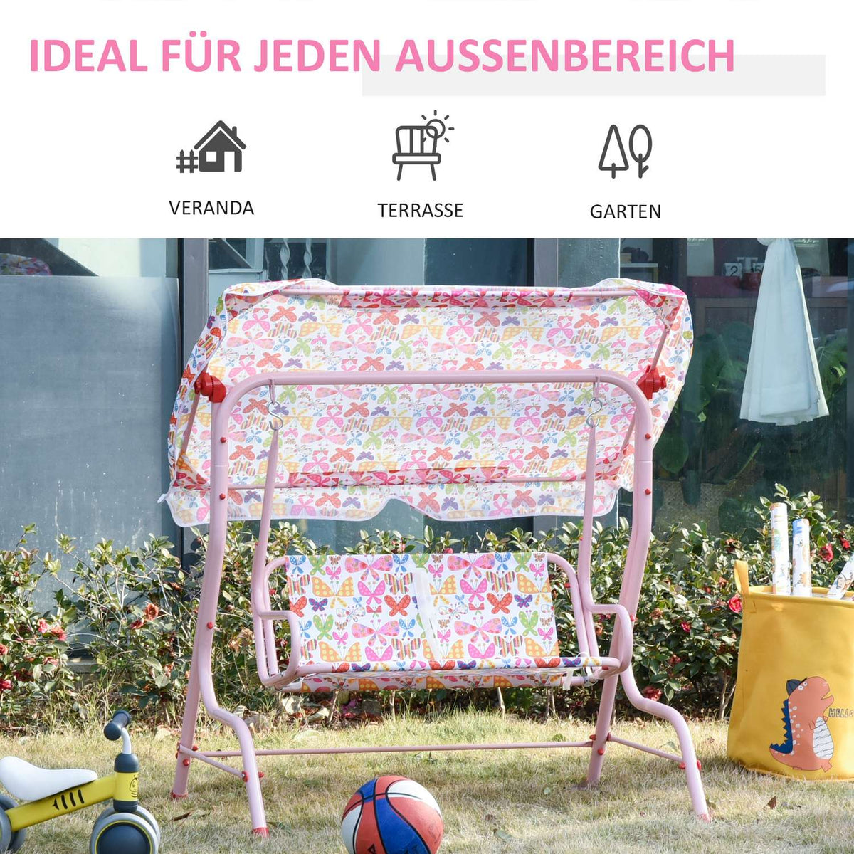 Children'S Hollywood Swing Children'S Swing With Sun Canopy 2-Seater Garden Swing For 3-6 Years Metal Pink 110L X 70W X 110H Cm