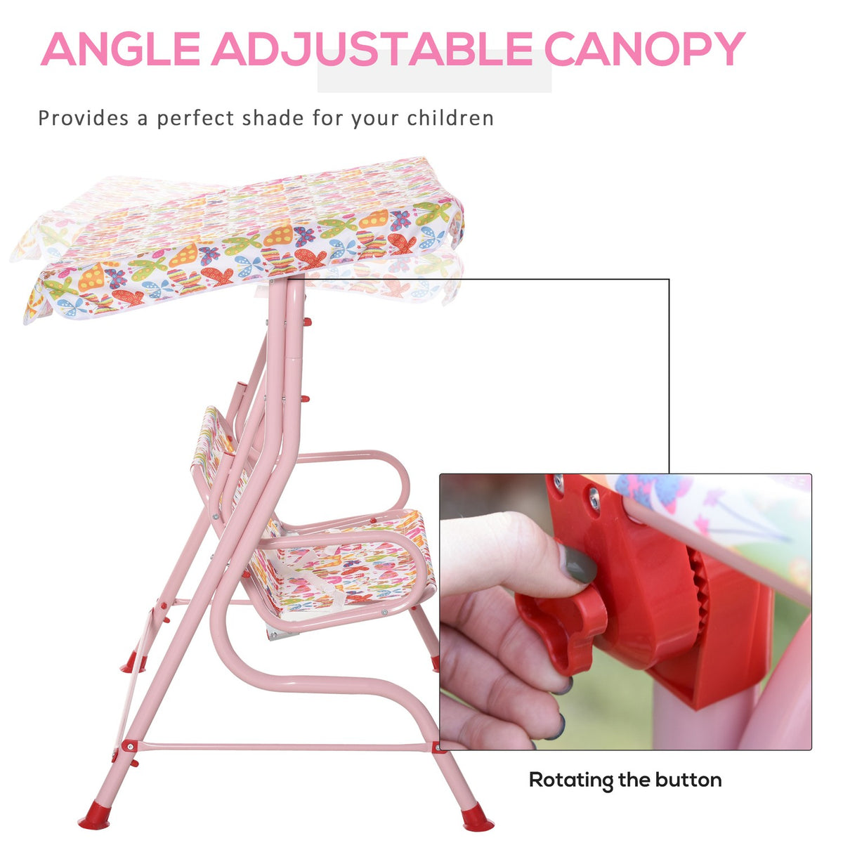 Children'S Hollywood Swing Children'S Swing With Sun Canopy 2-Seater Garden Swing For 3-6 Years Metal Pink 110L X 70W X 110H Cm