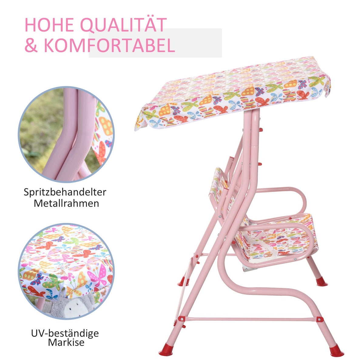 Children'S Hollywood Swing Children'S Swing With Sun Canopy 2-Seater Garden Swing For 3-6 Years Metal Pink 110L X 70W X 110H Cm