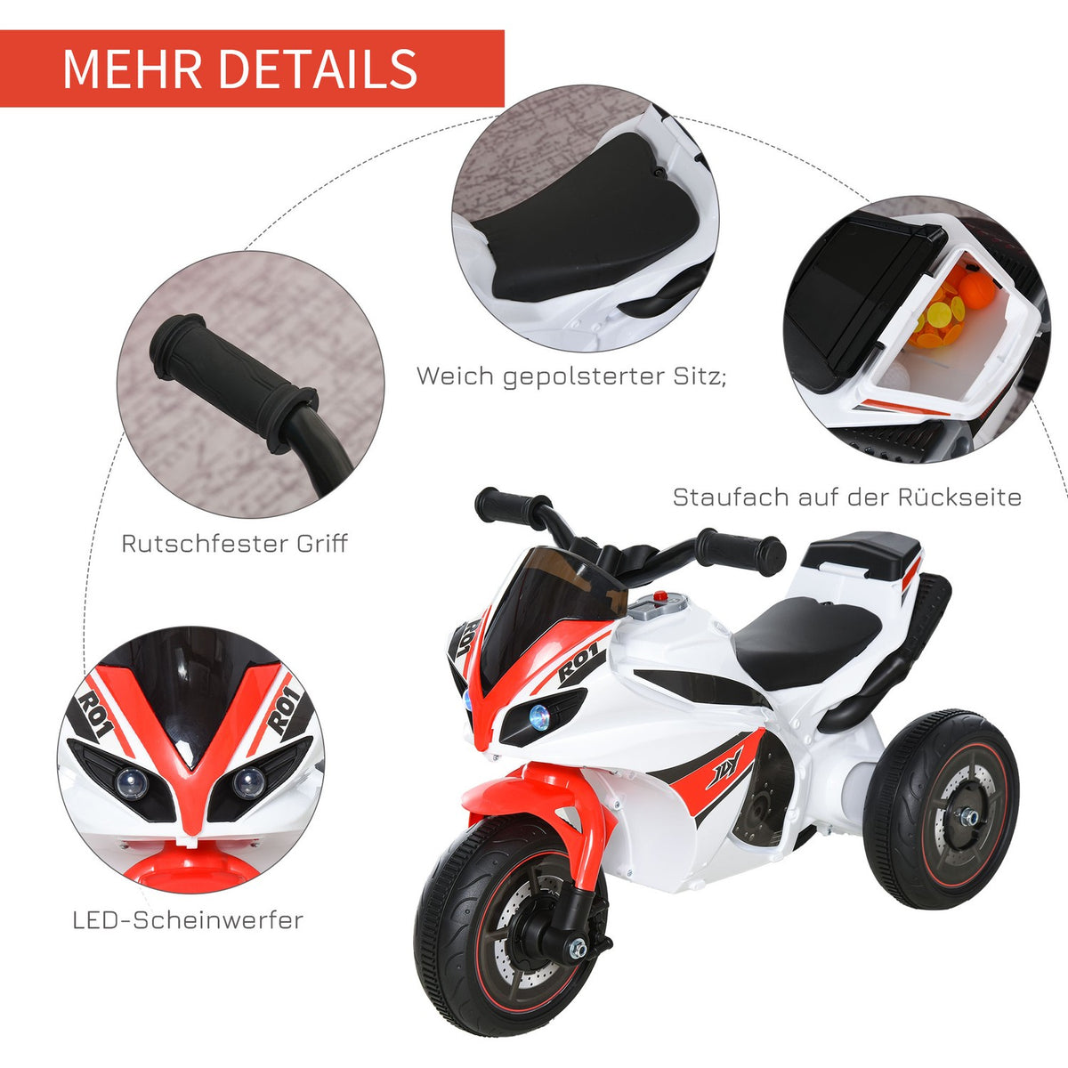 Children'S Motorcycle Ride-On Vehicle, Ride-On Vehicle With Music, For 18-36 Months, White, 74X39X48 Cm