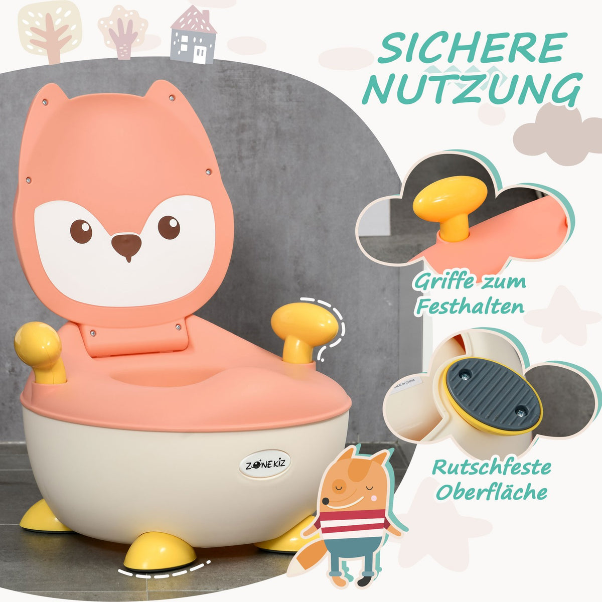 Children'S Potty Children'S Toilet In Fox Design, Baby Potty With Handle, Folding Lid, Non-Slip Potty Chair From 6 Months To 3 Years