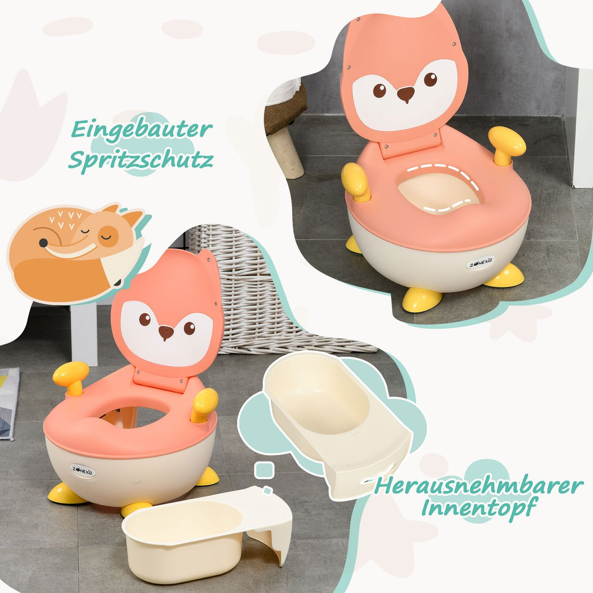 Children'S Potty Children'S Toilet In Fox Design, Baby Potty With Handle, Folding Lid, Non-Slip Potty Chair From 6 Months To 3 Years