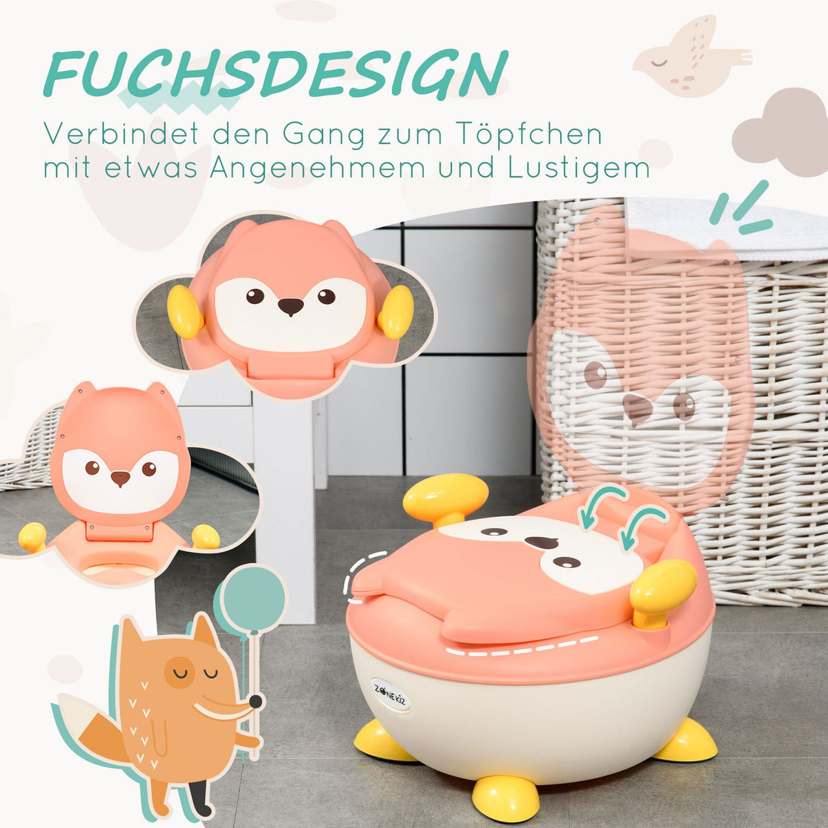 Children'S Potty Children'S Toilet In Fox Design, Baby Potty With Handle, Folding Lid, Non-Slip Potty Chair From 6 Months To 3 Years