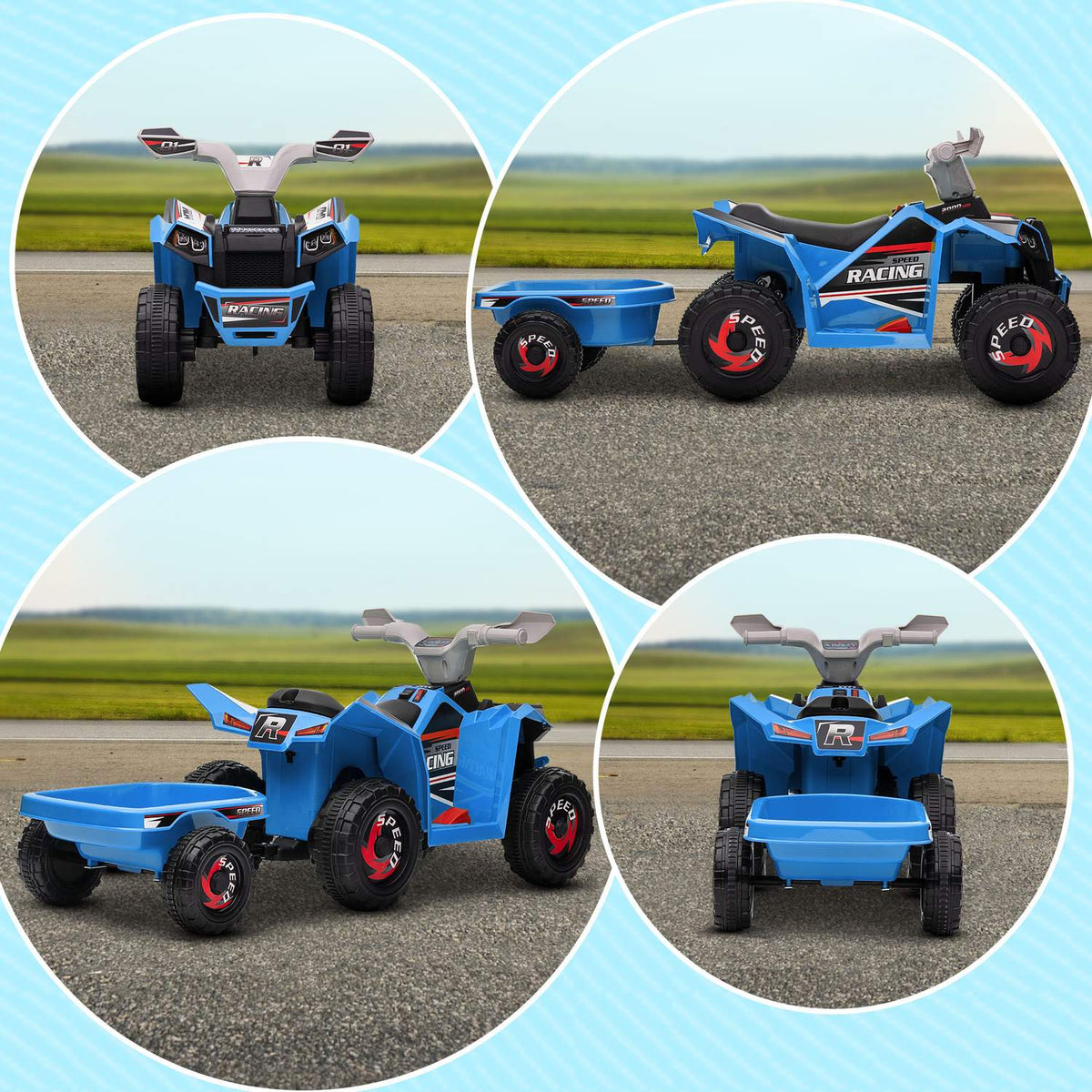 Children'S Quad Children'S Electric Quad, 6V Electric Car With Trailer, Children'S Vehicle For Children 1.5-3 Years, 2.5 Km/H, Metal, Blue